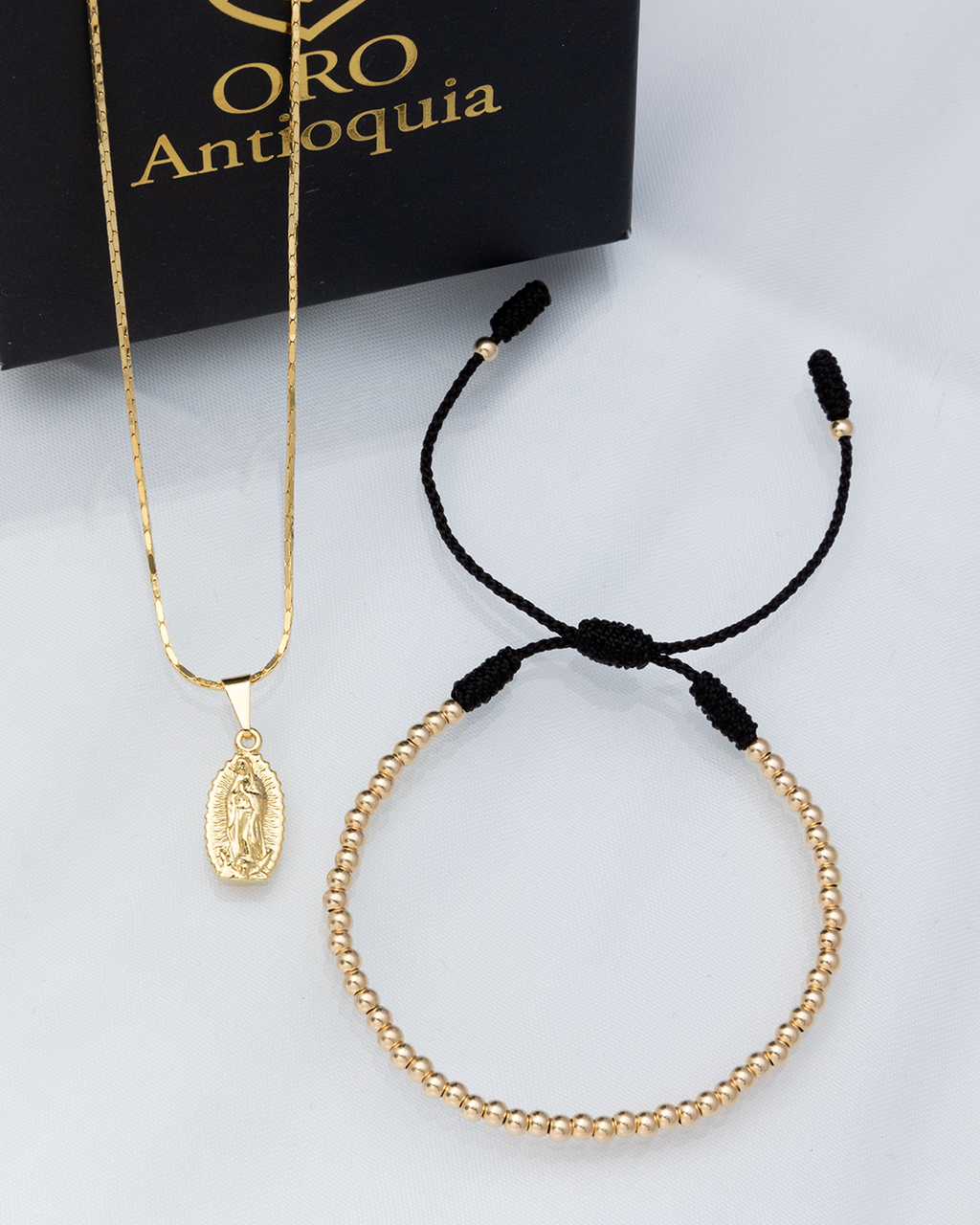 CADENA CORDON CUADRADO & DIJE VIRGEN GUADALUPE + PULSERA FULL 3MM LISO (SET PREMIO)
